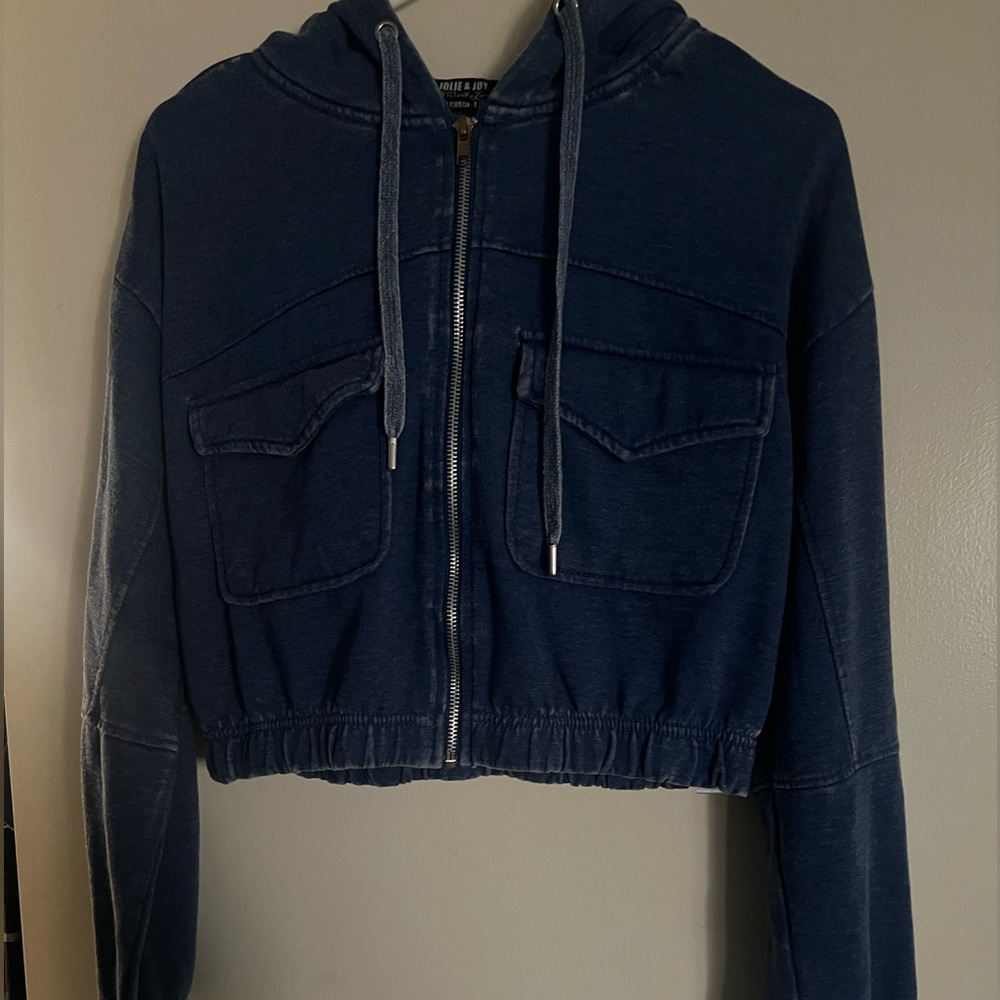 Denim colored zip up hooded sweatshirt
